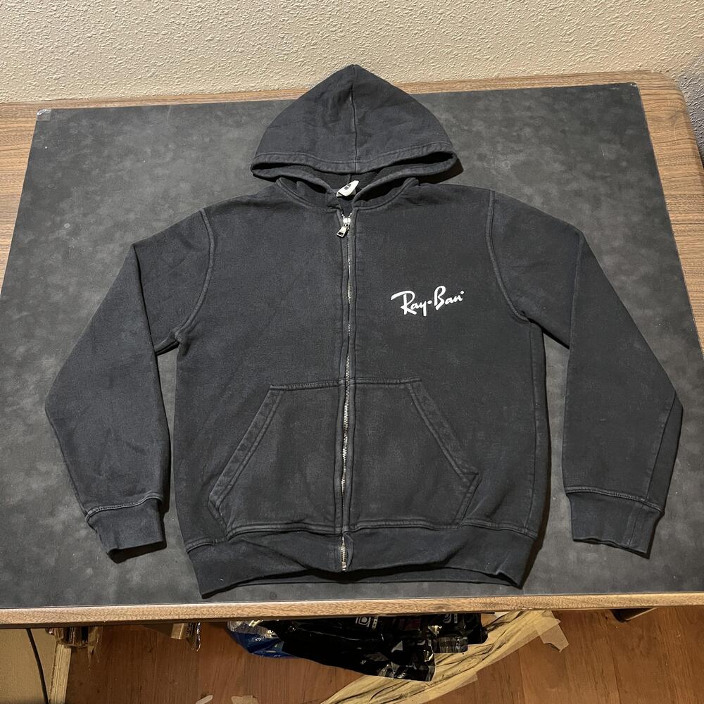 Vintage Ray-Ban Sunglasses Hoodie Black Full Zip Fleece Sweatshirt Logo Promo